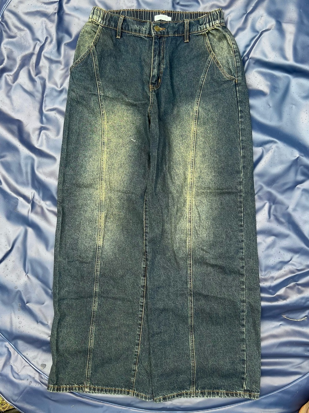 Machine Wide Leg Stone Faded Jeans